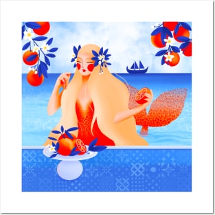 Beautiful mediterranean mermaid with oranges, version 4 Posters and Art